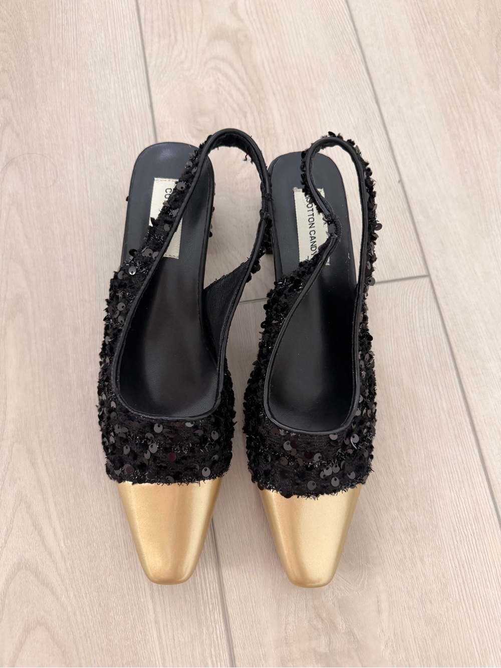 Black Sequin Slingback Mules with Gold Cap Toe